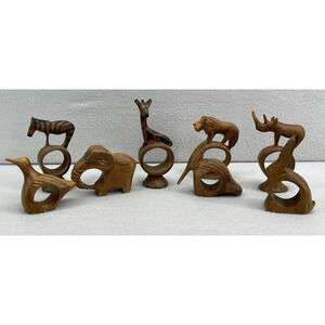 VTG African Hand Carved Wood Animal Napkin Rings Set of 8 Boho Chic Rustic Decor